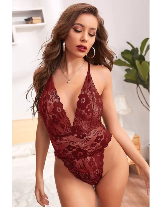 Sırtı İp Detaylı Dantelli Bodysuit Bordo - 3055.1364.