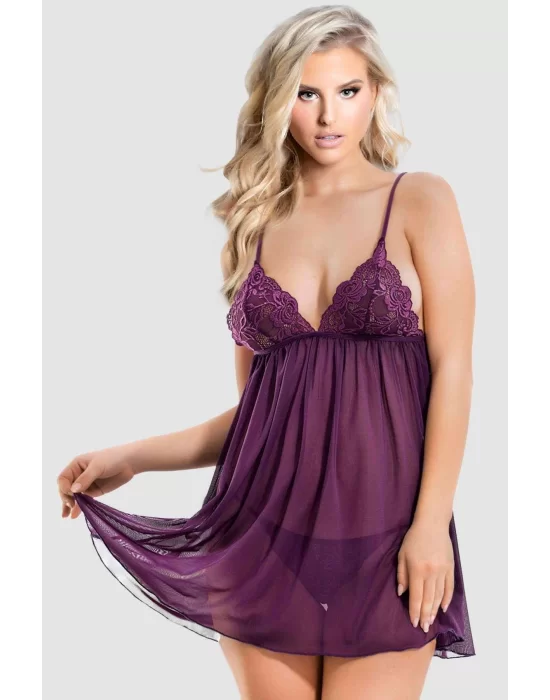 Tül Babydoll Gecelik Takım Mor - 3011.1364.