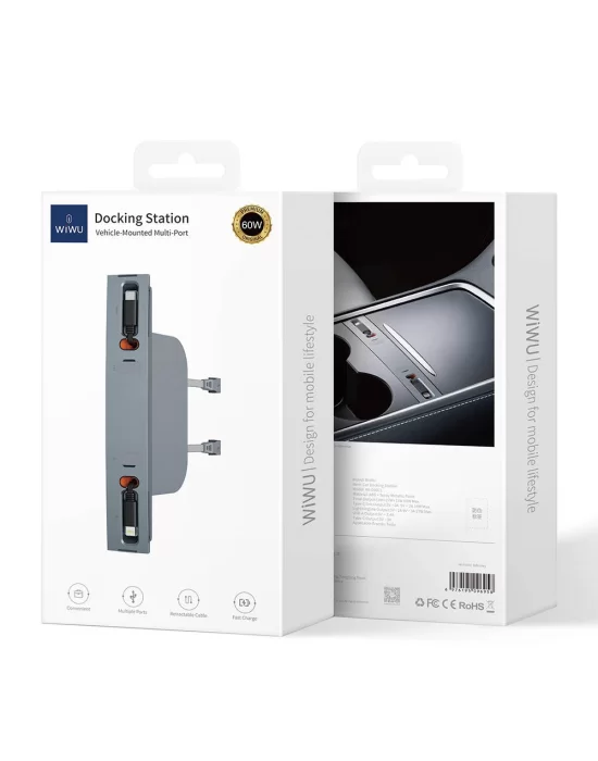 Wiwu Wi-DS001 Tesla Uyumlu Type-C Lightning USB-A Akıllı Araç İçi Şarj İstasyonu 60W