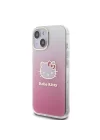 Apple iPhone 15 Kılıf Hello Kitty Orjinal Lisanslı Yazı ve İkonik Logolu Elektroplating Kaplama Gradyan Kapak