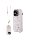 Apple iPhone 15 Pro Kılıf Guess Orjinal Lisanslı PU Deri Askılı Taşlı Üçgen Logo 4G Desenli Strass Crossbody Kapak