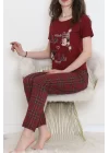 Desenli Pijama Takımı Bordo - 15279.1773.