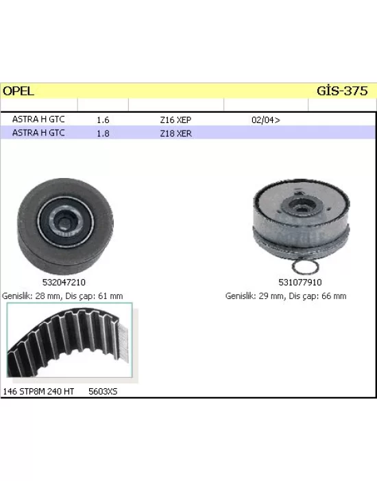 TRİGER SETİ K015603XS ASTRA-H VECTRA-C (04-) Z16XEP INSIGNIA CRUZE 1.6 16V