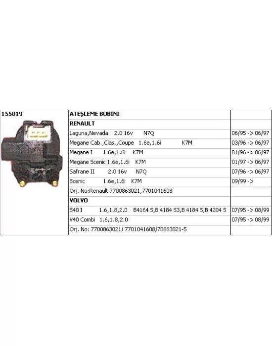 BOBİN (BEYAZ SOKET) 155019 LAGUNA 2.0-16V N7Q SAĞ S40