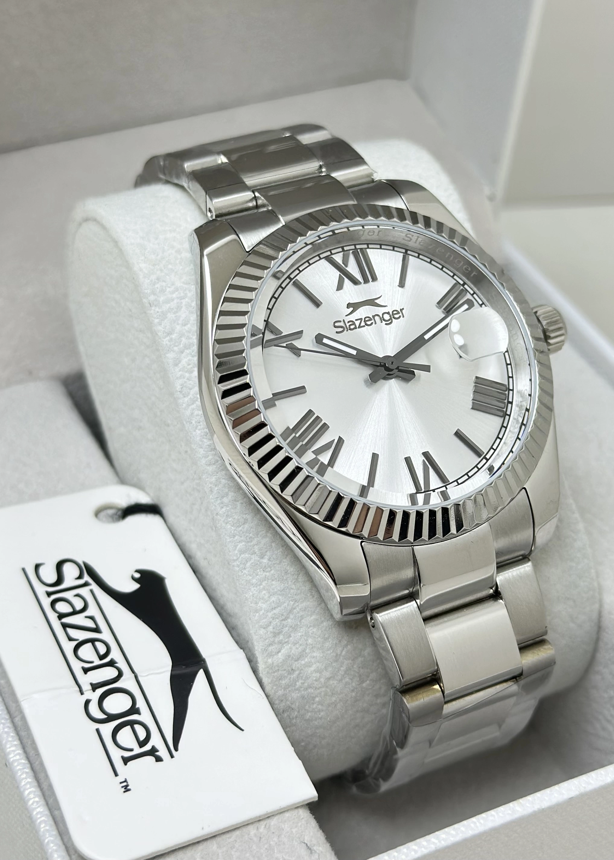 Slazenger Orijinal 2 Yıl Garantili Çelik Kordon 10ATM Su Geçirmezlik Beyaz Katran Erkek Kol Saati ILK2508.06