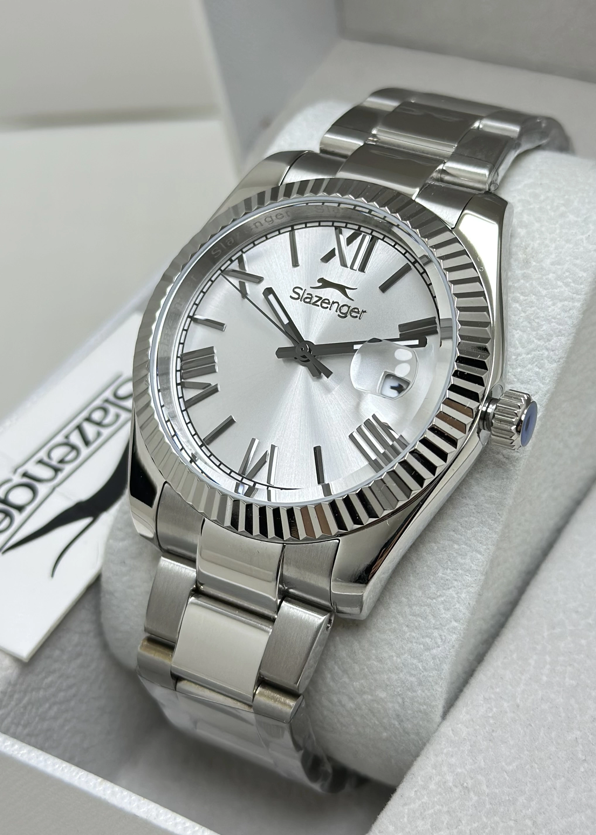 Slazenger Orijinal 2 Yıl Garantili Çelik Kordon 10ATM Su Geçirmezlik Beyaz Katran Erkek Kol Saati ILK2508.06
