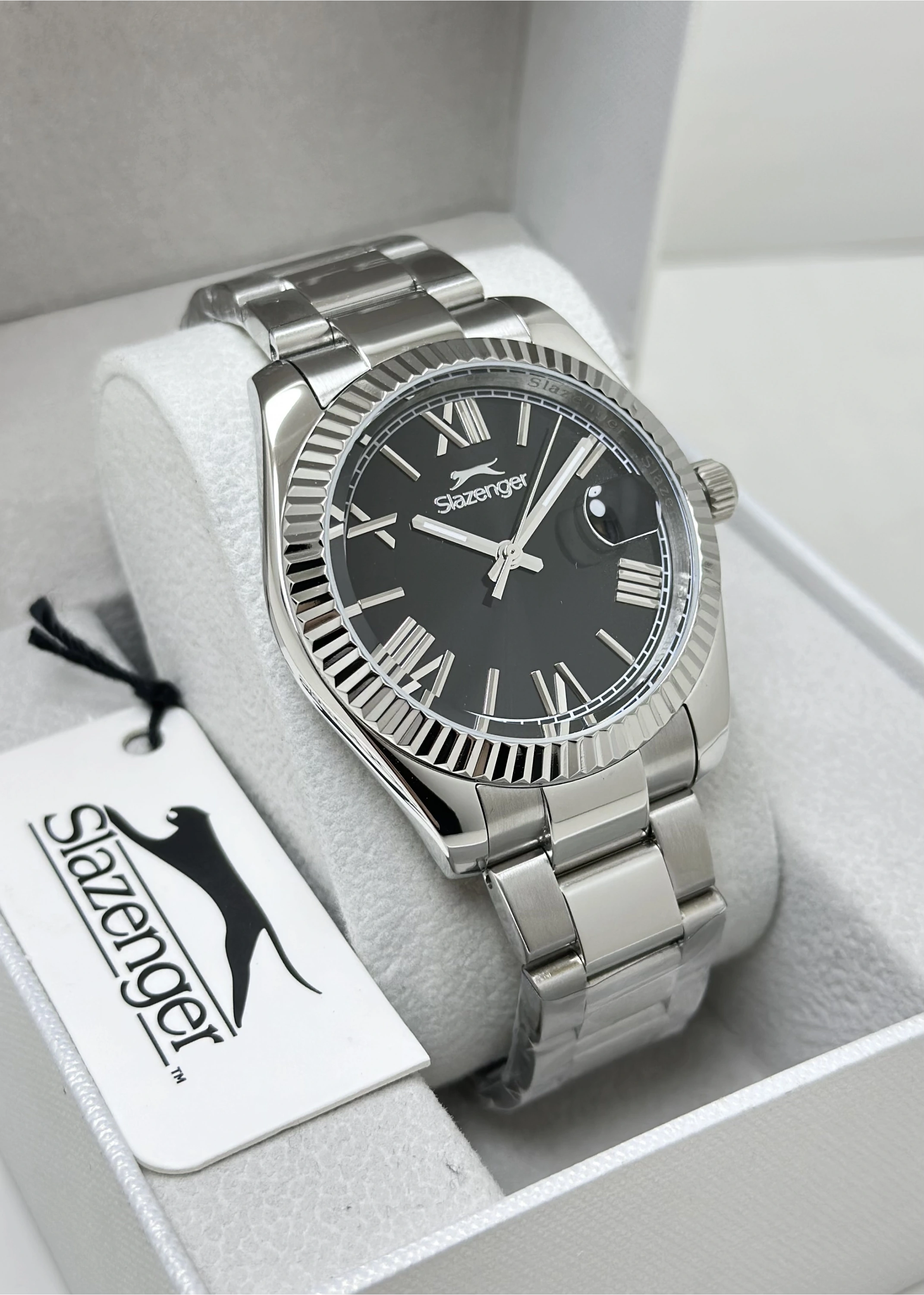 Slazenger Orijinal 2 Yıl Garantili Çelik Kordon 10ATM Su Geçirmezlik Siyah Katran Erkek Kol Saati ILK2508.06
