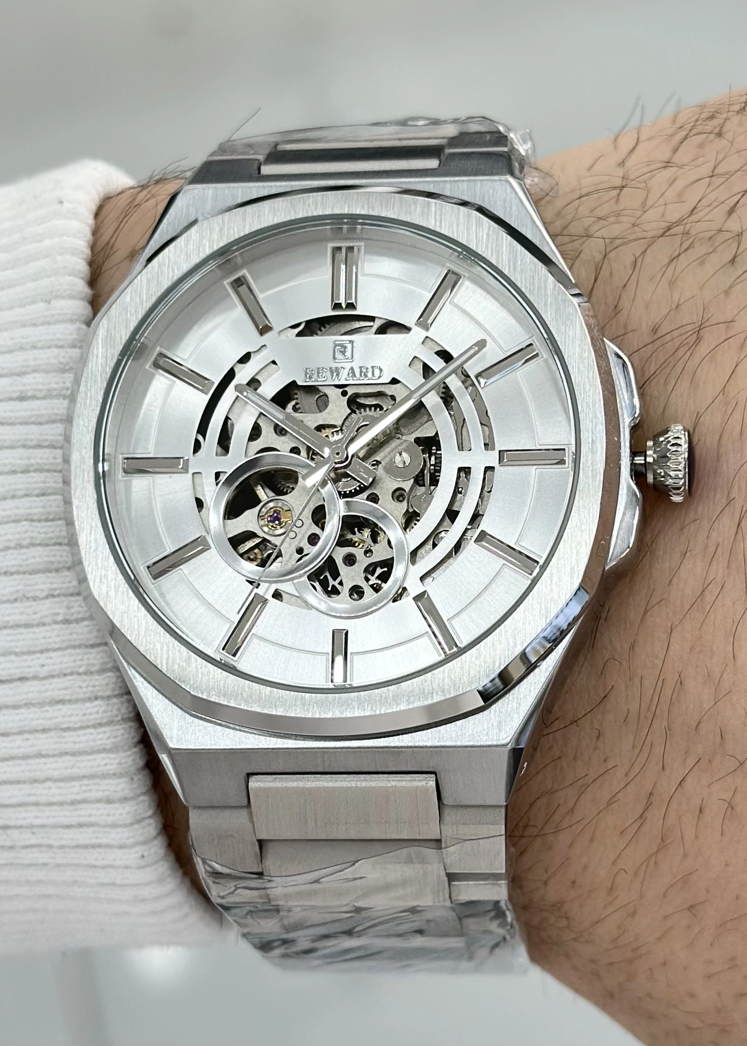 Reward Orijinal 2 Yıl Garantili 5ATM Su Geçirmezlik Beyaz Kadran Çelik Kordon Otomatik Erkek Kol Saati ILK.127.H