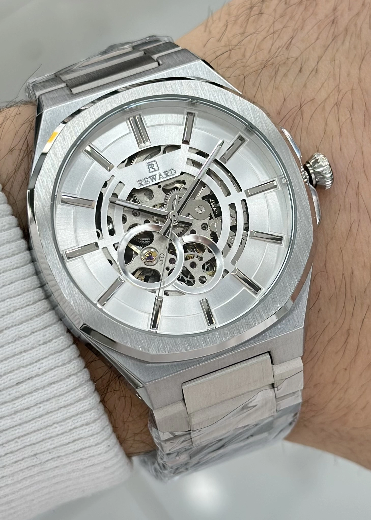 Reward Orijinal 2 Yıl Garantili 5ATM Su Geçirmezlik Beyaz Kadran Çelik Kordon Otomatik Erkek Kol Saati ILK.127.H