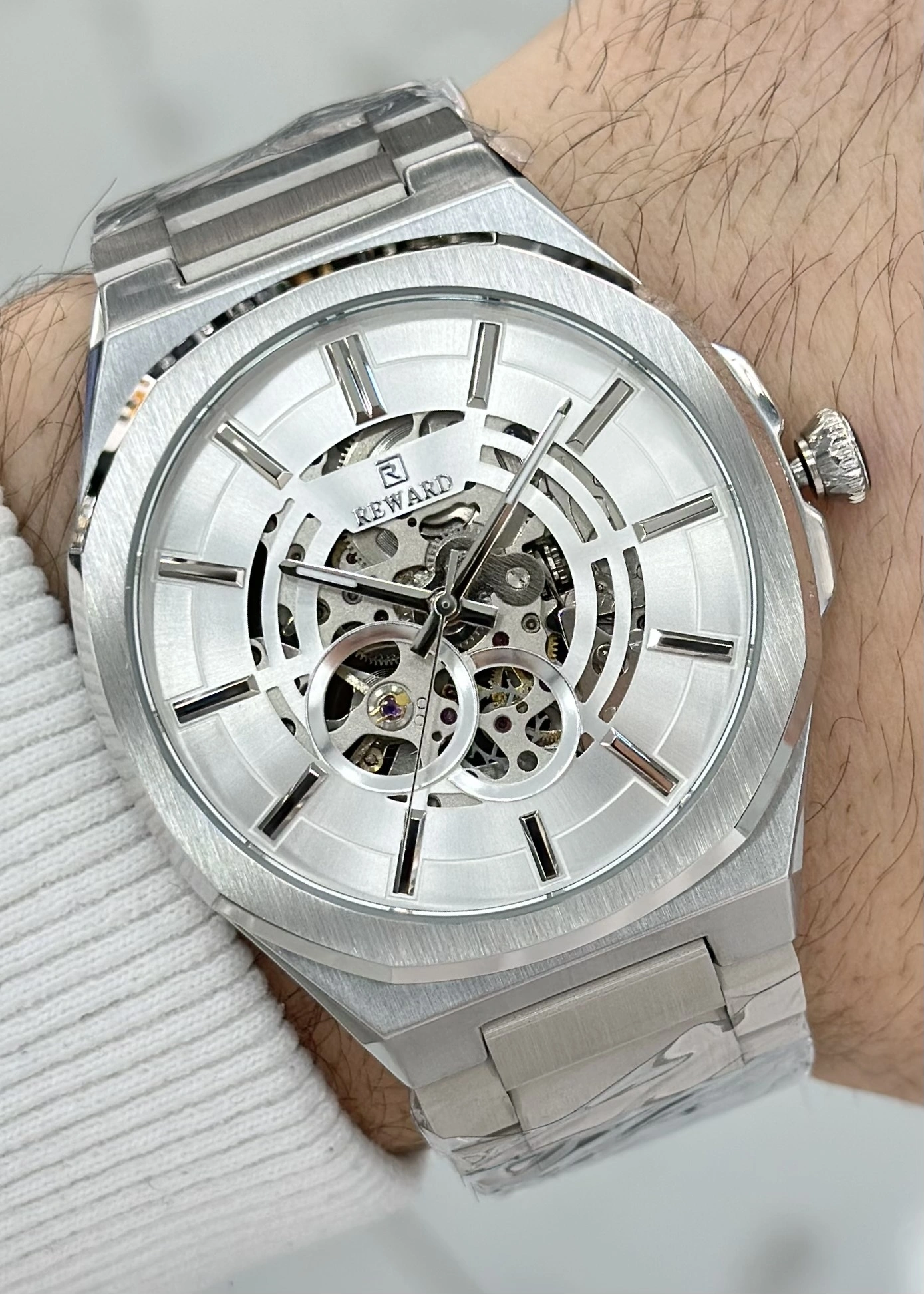 Reward Orijinal 2 Yıl Garantili 5ATM Su Geçirmezlik Beyaz Kadran Çelik Kordon Otomatik Erkek Kol Saati ILK.127.H