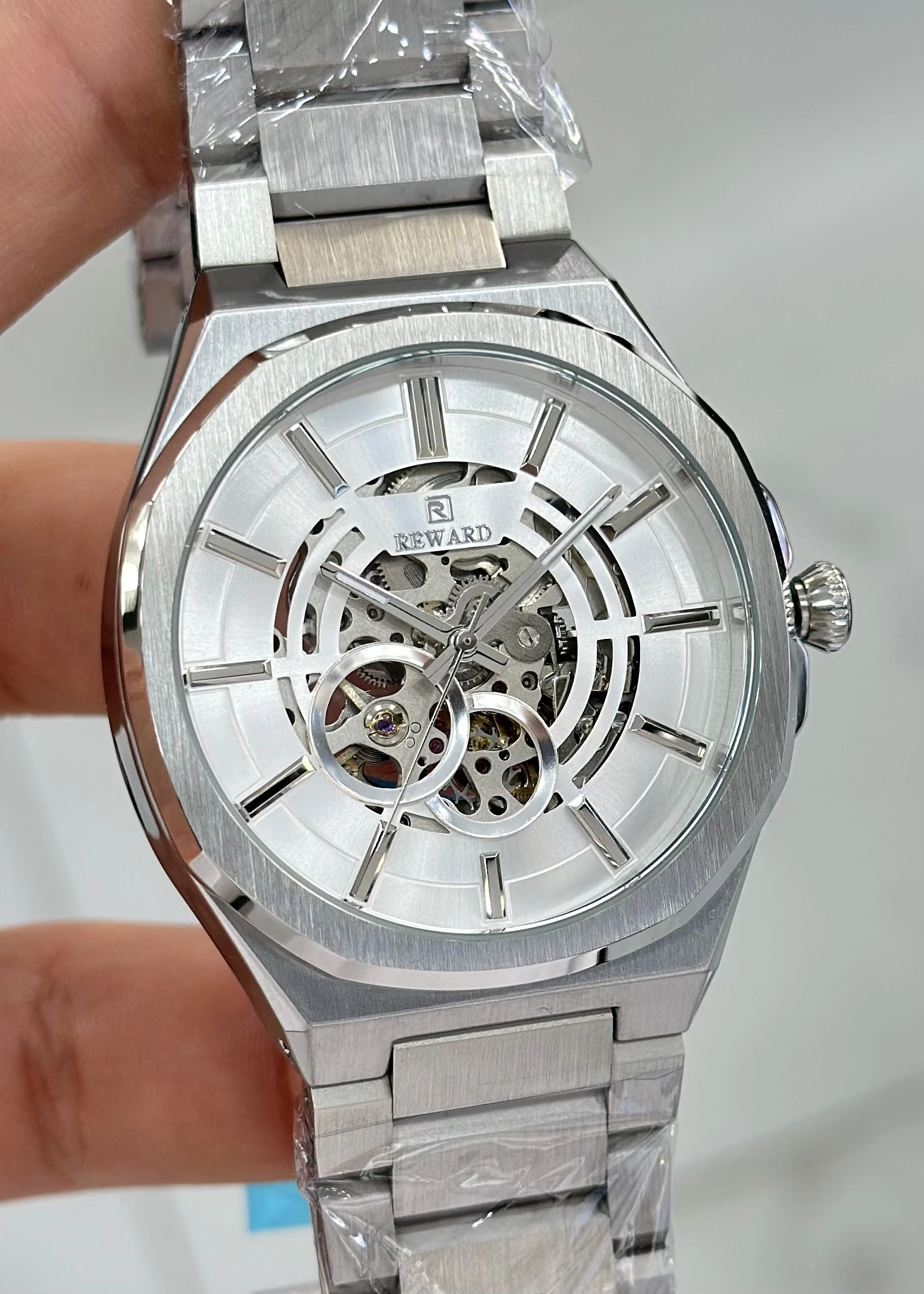 Reward Orijinal 2 Yıl Garantili 5ATM Su Geçirmezlik Beyaz Kadran Çelik Kordon Otomatik Erkek Kol Saati ILK.127.H