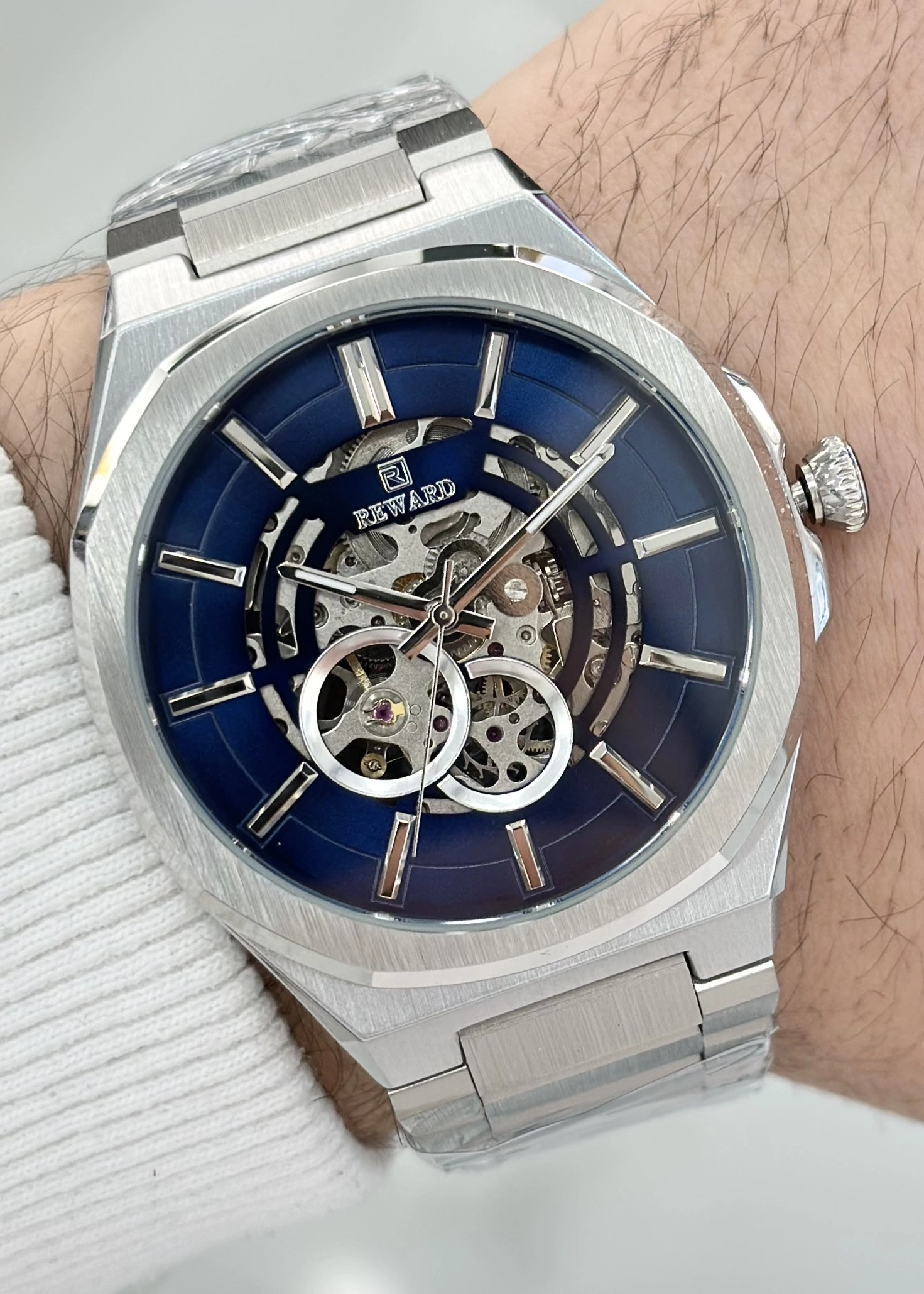 Reward Orijinal 2 Yıl Garantili 5ATM Su Geçirmezlik Lacivert Kadran Çelik Kordon Otomatik Erkek Kol Saati ILK.127.K
