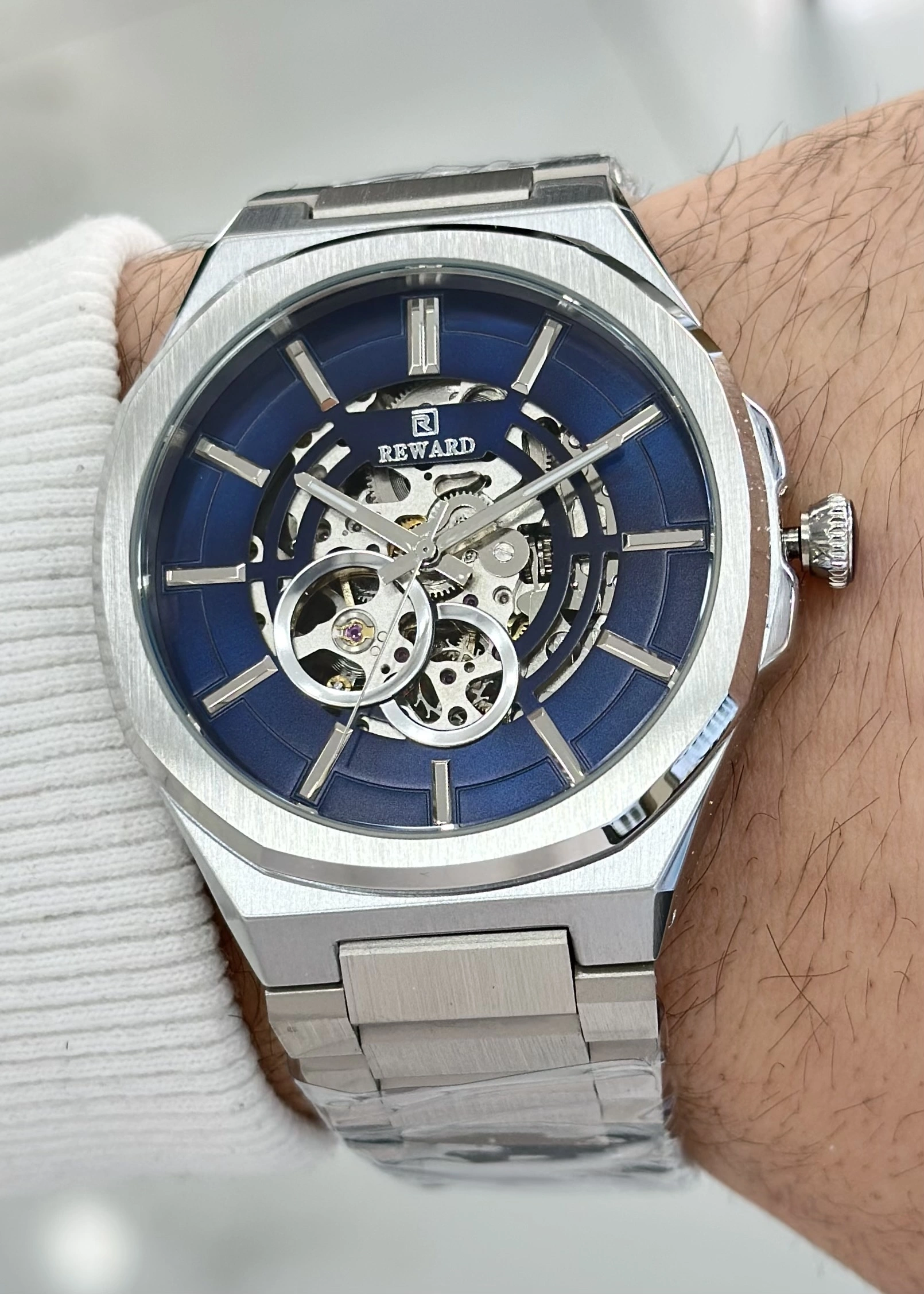 Reward Orijinal 2 Yıl Garantili 5ATM Su Geçirmezlik Lacivert Kadran Çelik Kordon Otomatik Erkek Kol Saati ILK.127.K