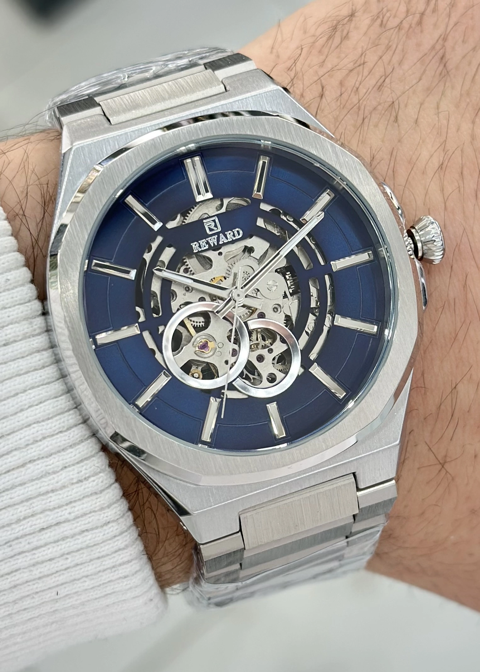 Reward Orijinal 2 Yıl Garantili 5ATM Su Geçirmezlik Lacivert Kadran Çelik Kordon Otomatik Erkek Kol Saati ILK.127.K