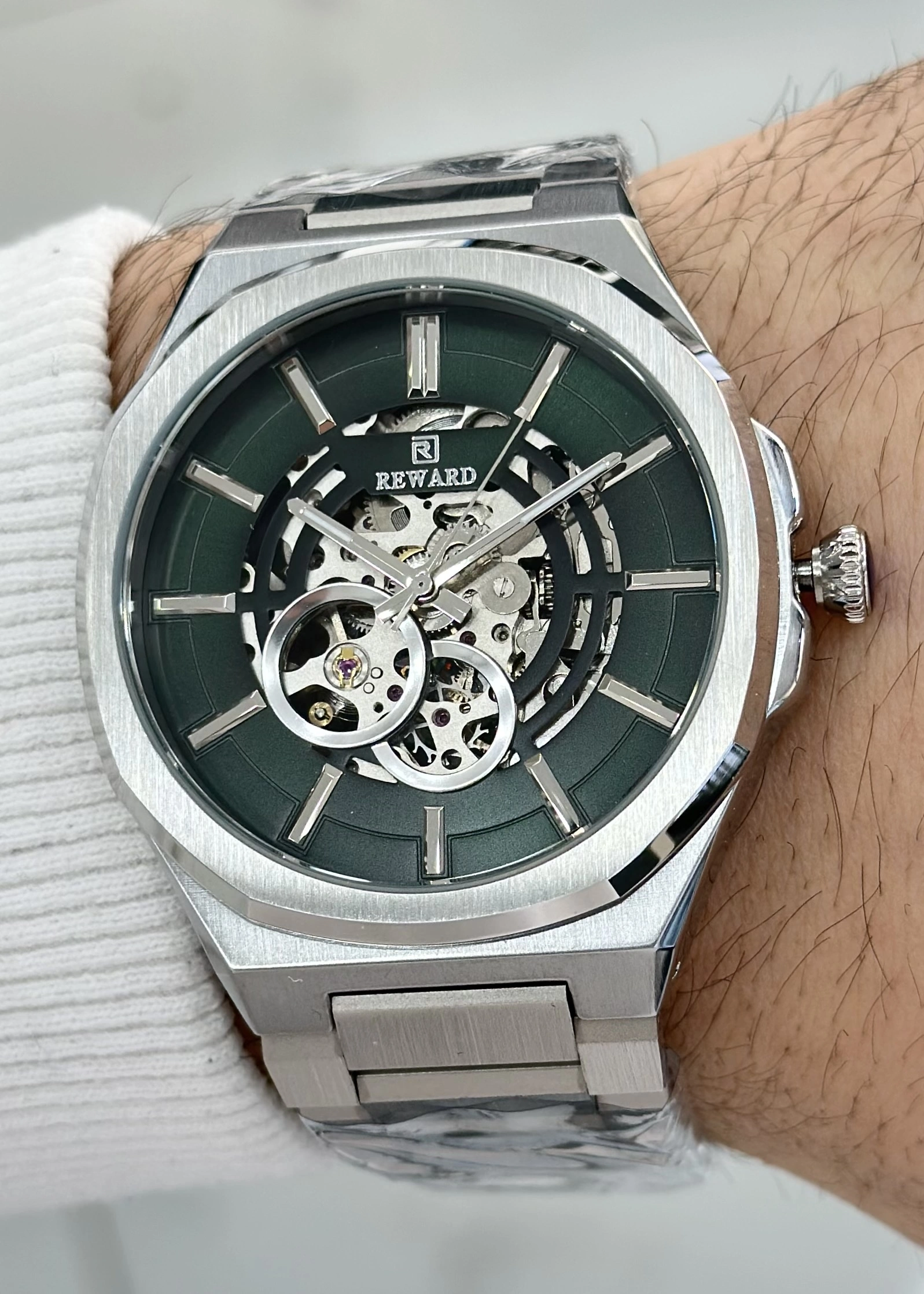 Reward Orijinal 2 Yıl Garantili 5ATM Su Geçirmezlik Yeşil Kadran Çelik Kordon Otomatik Erkek Kol Saati ILK.127.S