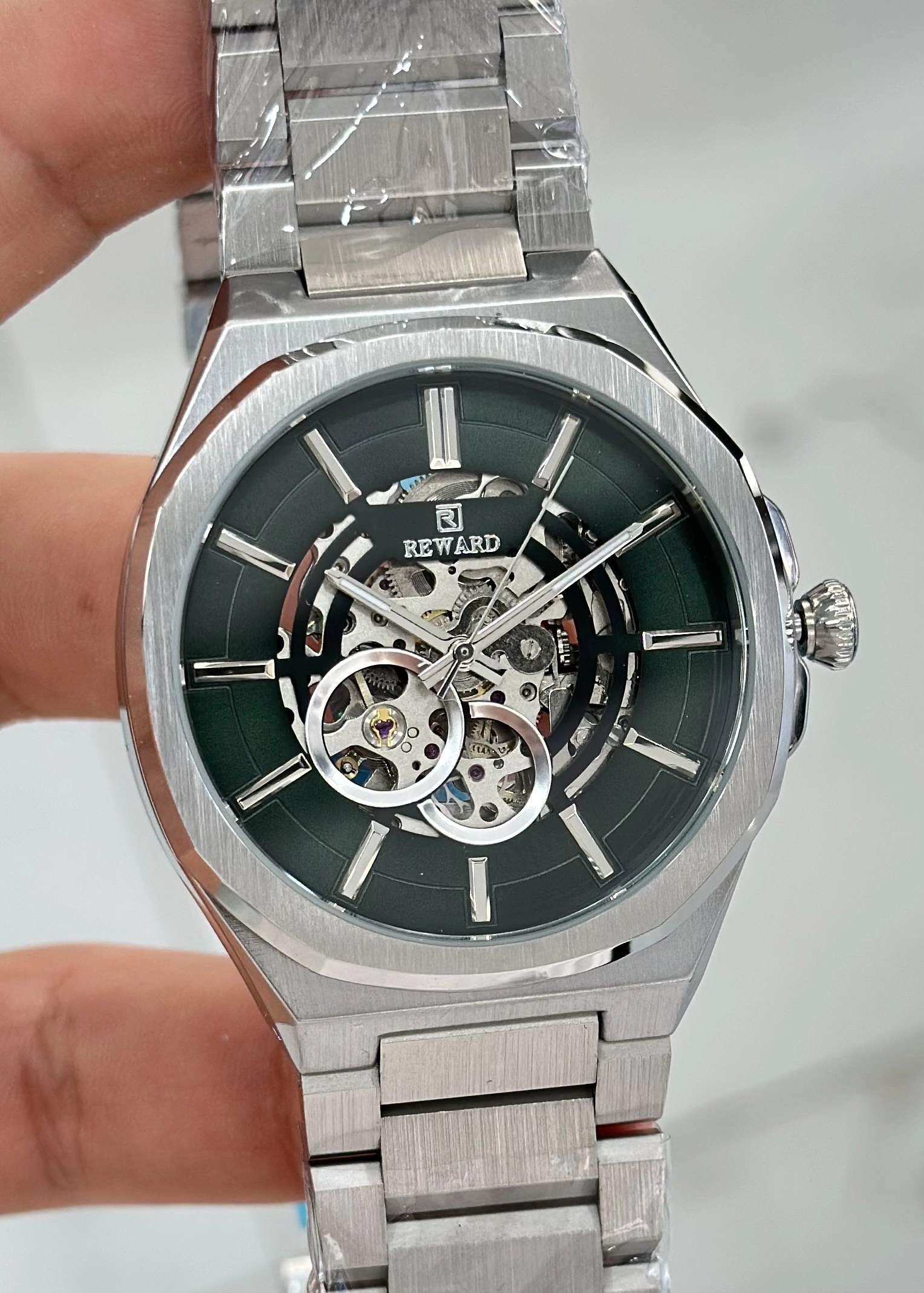 Reward Orijinal 2 Yıl Garantili 5ATM Su Geçirmezlik Yeşil Kadran Çelik Kordon Otomatik Erkek Kol Saati ILK.127.S