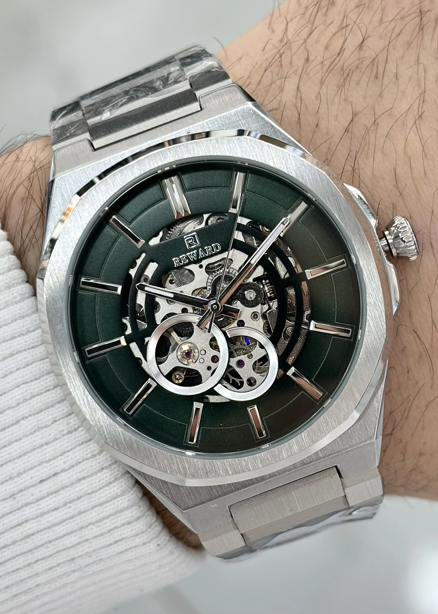 Reward Orijinal 2 Yıl Garantili 5ATM Su Geçirmezlik Yeşil Kadran Çelik Kordon Otomatik Erkek Kol Saati ILK.127.S