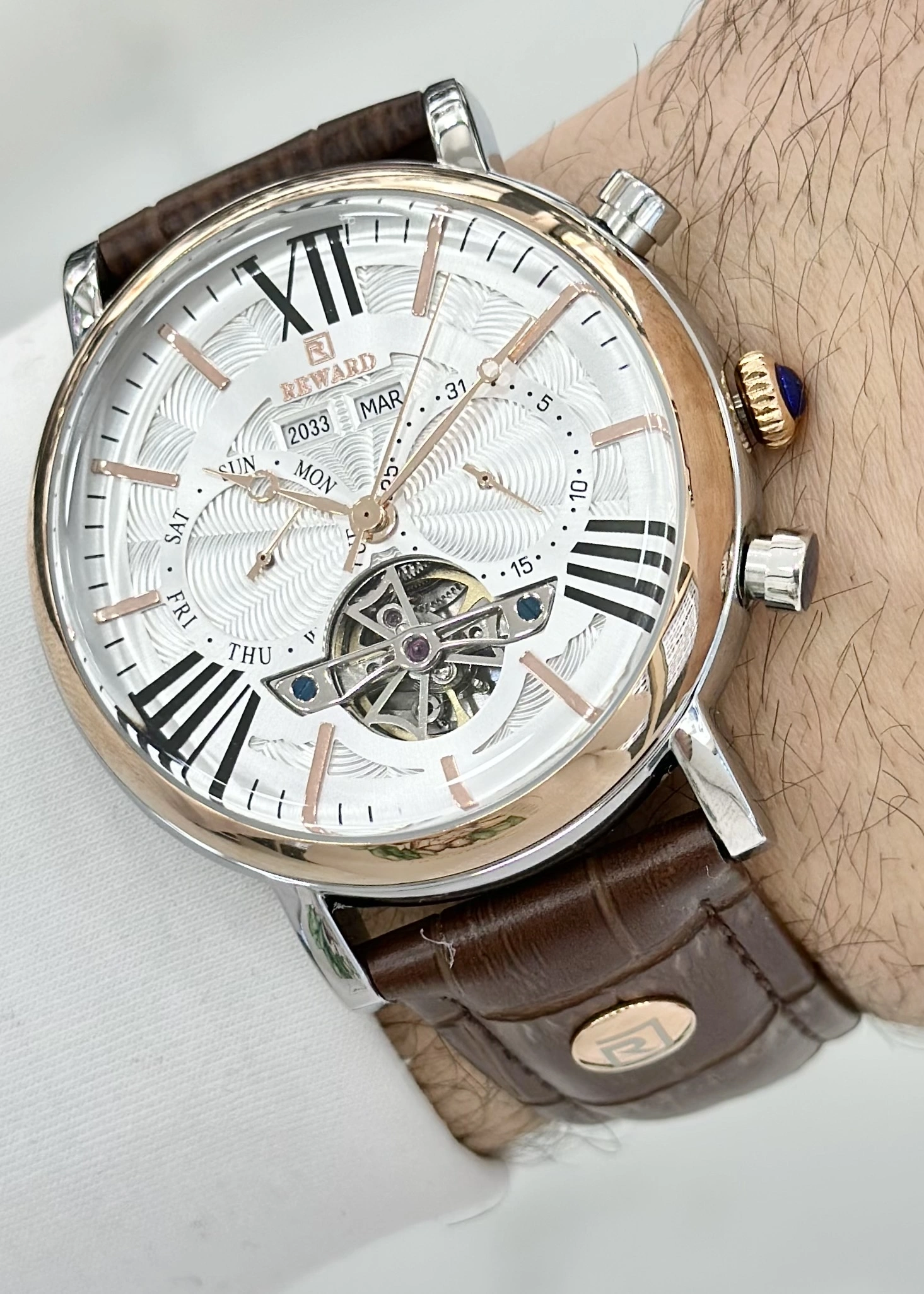 Reward 5ATM Su Geçirmezlik Kahverengi Deri Kordon Fonksiyonlu Erkek Kol Saati ILK.7654