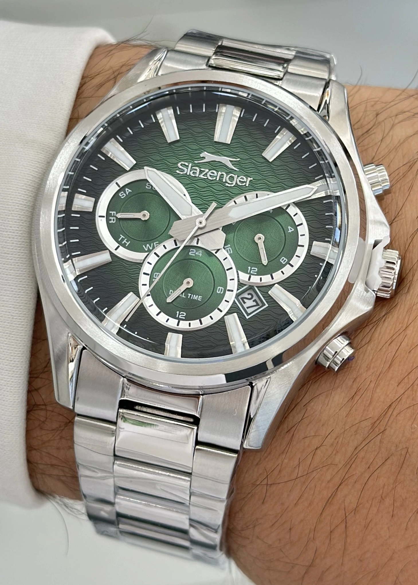 Slazenger Çelik Kordon Fonksiyonlu Su Geçirmez Yeşil Kadran Hediyelik Erkek Kol Saati ILK.60134