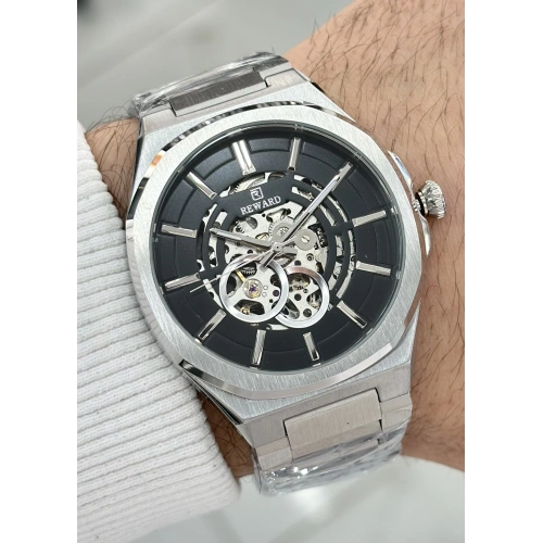 Reward Orijinal 2 Yıl Garantili 5ATM Su Geçirmezlik Siyah Kadran Çelik Kordon Otomatik Erkek Kol Saati ILK.127.N