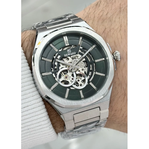 Reward Orijinal 2 Yıl Garantili 5ATM Su Geçirmezlik Yeşil Kadran Çelik Kordon Otomatik Erkek Kol Saati ILK.127.S