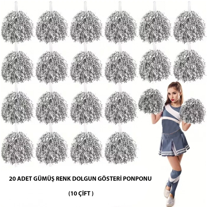 10 Çift ( 20 Adet ) Gümüş Renk 23 Nisan 19 Mayıs 29 Ekim Okul Gösteri Ponponları (5324)