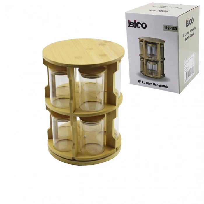 10 PCS YUVARLAK - DÖNER STANDLI CAM - BAMBU KAPAK TUZLUK - BAHARATLIK BAMBU STAND (5324)