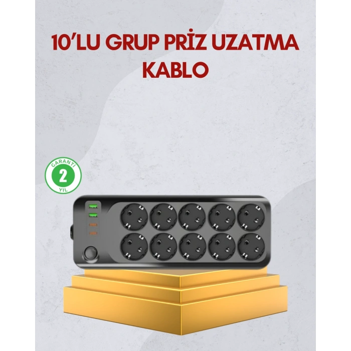 10 Prizli Uzatma Kablosu Termal Koruma USB Type-C Hızlı Şarj 2500W