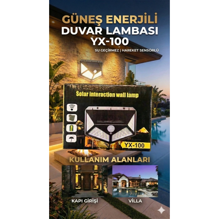 100 Led Dış Mekan Solar Aydınlatma Fotoselli Solar Lamba Hareket Sensörlü