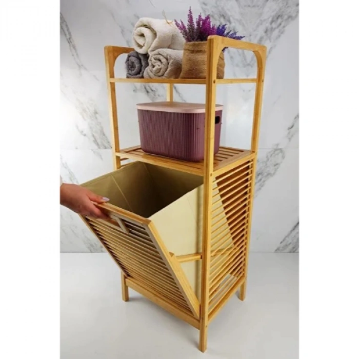 2 Organizer Raflı Ahşap Bambu Çek-Aç Kirli Sepeti