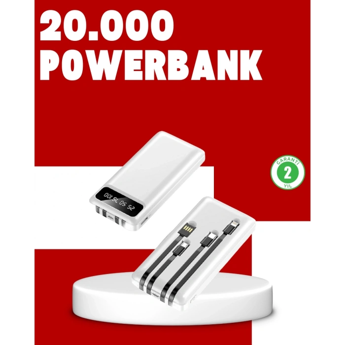 20.000mAh PD Powerbank LED Işık LCD Ekran Dahili Kablo Çoklu Giriş