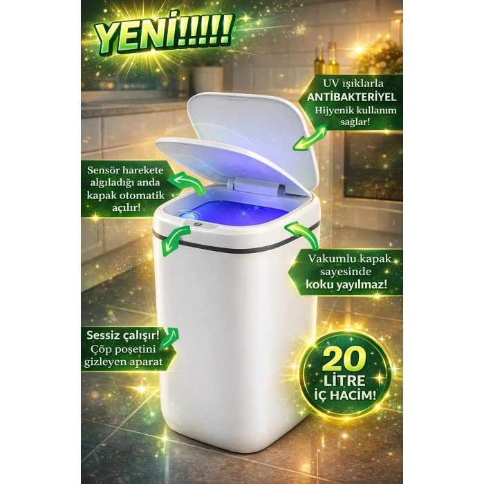 20L Akıllı Sensörlü Çöp Kovası UV Işık Koku Geçirmez Mutfak Banyo Wc Ofis