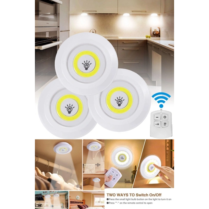 3'lü Uzaktan Kumandalı Pilli Yapışkanlı Kablosuz Led Spot Lambalar (5324)