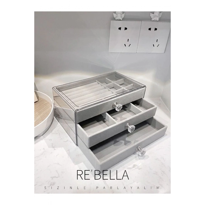 3 Çekmeceli Bölmeli Şeffaf Takı Kutusu | Mücevher Saklama Kutusu | Gri Renk Seçeneği 13x23x10