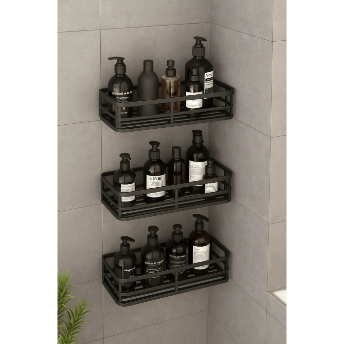 3 lü Banyo Düzenleyici Organizer Şampuanlık Havlupan Askısı Havluluk Siyah Banyo Duş Mutfak Rafı