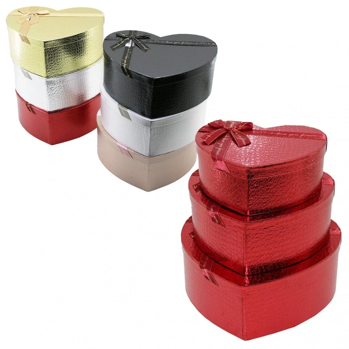 3PCS KALP PARLAK MİX RENKLİ - KABARTMA DESEN KARTON HEDİYE KUTUSU KURDELALI 31X28-27X24-23X20CM (5324)