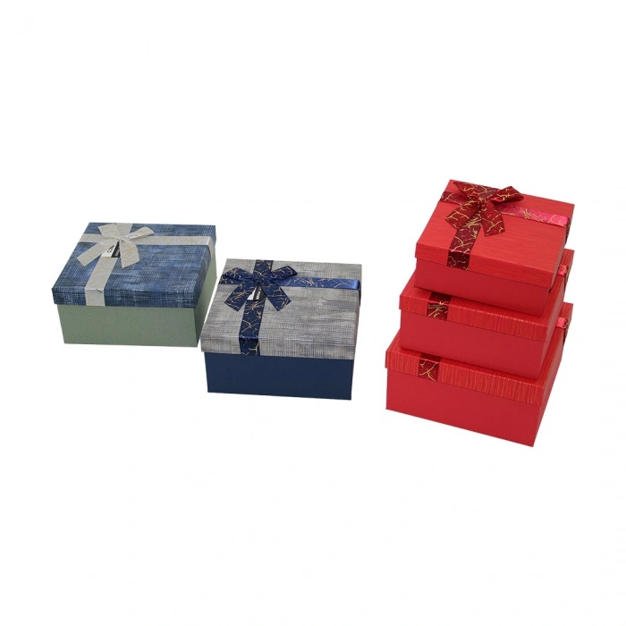 3PCS KARE ÇİZGİLİ MİX RENKLİ KARTON HEDİYE KUTUSU KURDELALI 19-17-15CM (5324)