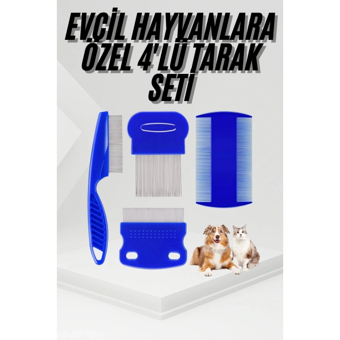 4lü Bit Pire Tarağı Set Kedi Köpek Evcil Hayvan Tüy Toplayıcı Mavi