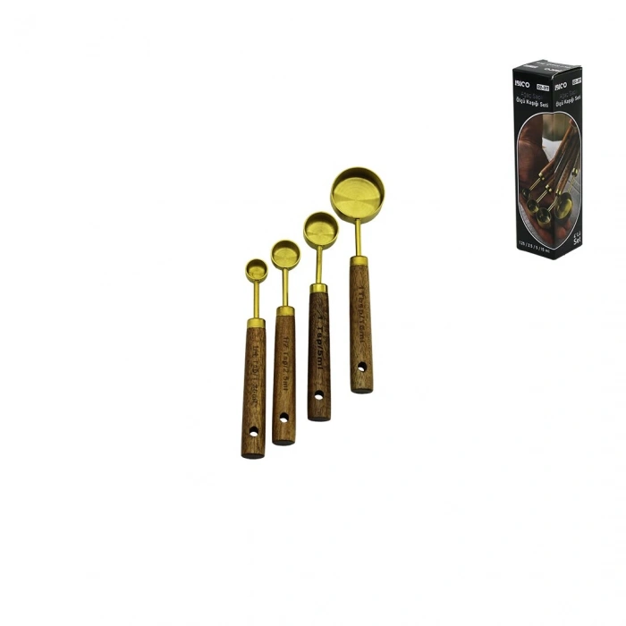 4 PCS GOLD METAL ÖLÇÜ KAŞIK SETİ OTANTİK AĞAÇ KULP 15ML - 5ML - 2.5ML - 1.25ML (5324)