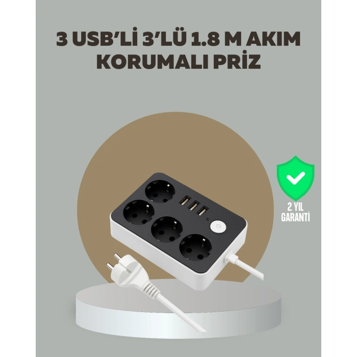 4 Prizli 3 USB Portlu Anahtarlı Akım Korumalı Priz
