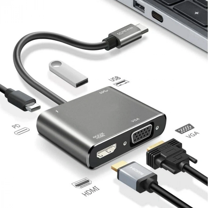 4’ü 1 Arada Type-C to Hub Dönüştürücü Adaptör – 4K Ultra HD HDMI &amp; VGA Görüntü Aktarımı, PD Hızlı Şarj Destekli, USB Çoklayıcı (5324)