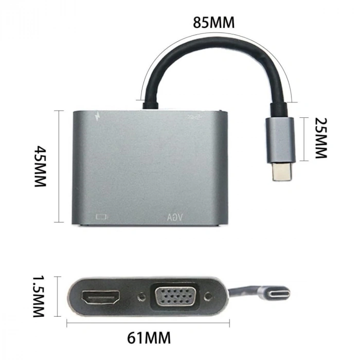 4’ü 1 Arada Type-C to Hub Dönüştürücü Adaptör – 4K Ultra HD HDMI &amp; VGA Görüntü Aktarımı, PD Hızlı Şarj Destekli, USB Çoklayıcı (5324)