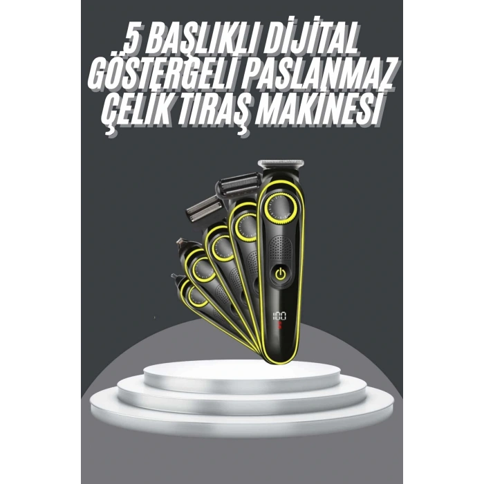 5 Başlıklı Şarjlı Tıraş Makinesi Led Ekran Saç Sakal Ense Tıraşına Uygun Bakım Seti