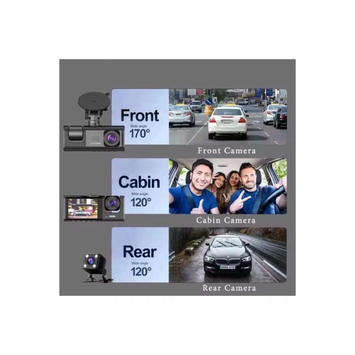 64GB Araç İçi Kamera 3 Kameralı (Yol + Araç İçi+ Arka) FHD Video Kayıt Mikrofonlu Türkçe CC-33