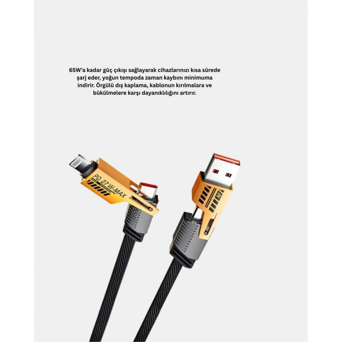 65W 4’ü 1 Arada Örgülü Hızlı Şarj Kablosu USB-C USB-A Çoklu Şarj Dayanıklı