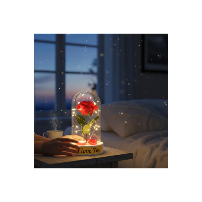 Gül Yapraklı Ledli Gül Fanus