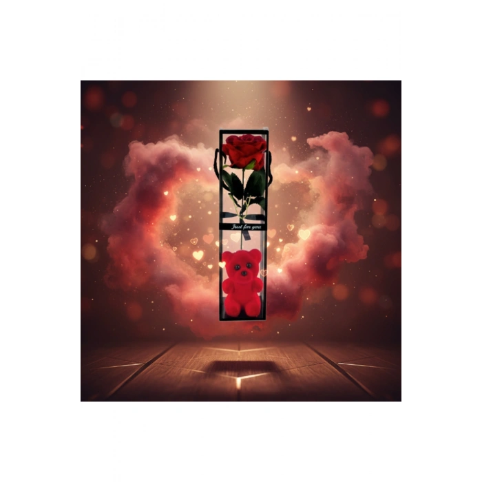 Ayıcıklı Şeffaf Kutulu Tekli Gül