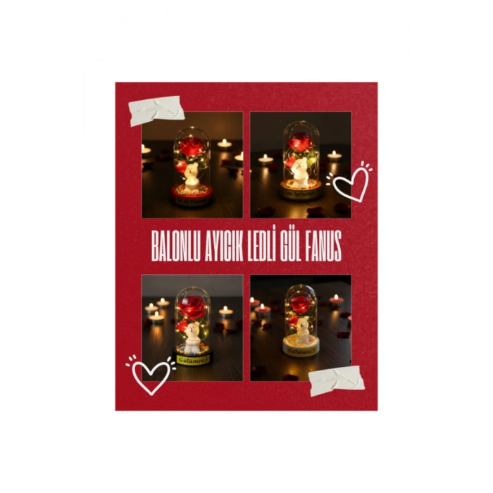 Balonlu Ayıcık Ledli Gül Fanus