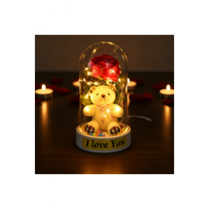 Ayıcıklı Ledli Gül Fanus