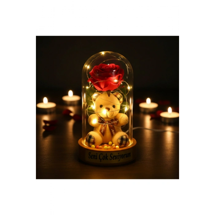 Ayıcıklı Ledli Gül Fanus